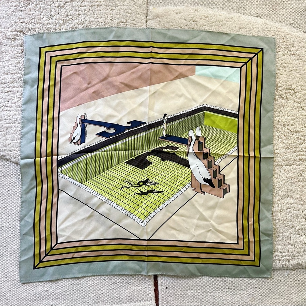 £285 Tory Burch 100% silk Pelican Neckerchief large neck bag scarf mint green